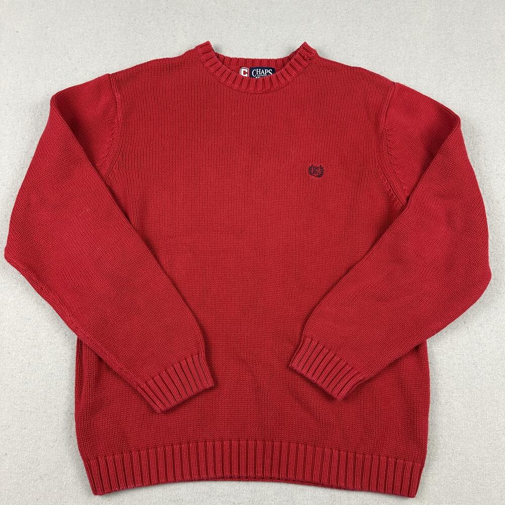 Chaps Sweater Men Medium Solid Red Crewneck Cotton Knit Pullover Classic Logo M